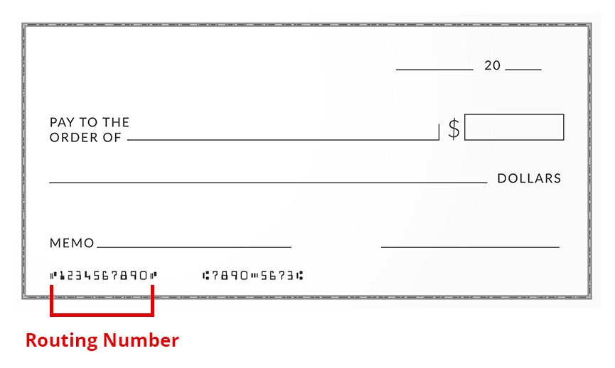 Photo of a Check, indicating that first set of numbers located at the bottom right is the bank routing number.